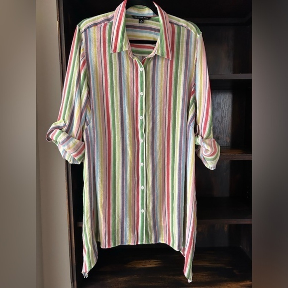 Oversized Button-Down | Sz 1X | Multicolor Stripes Asymmetrical Hem | Zac Rachel